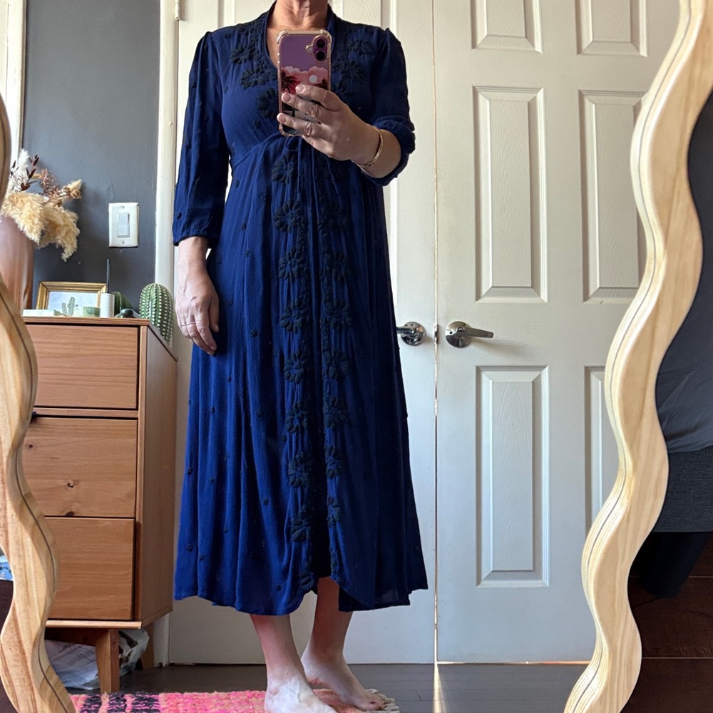 Free People Navy Embroidered Midi Dress
